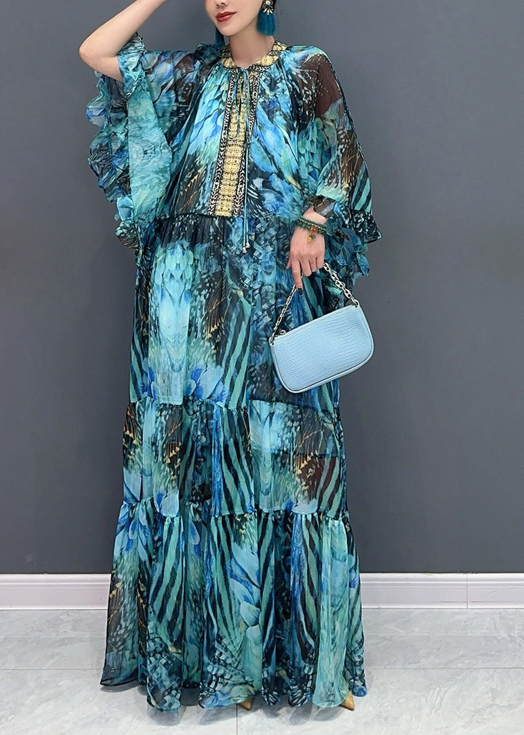 Beautiful Pink Flower Ruffled Chiffon Maxi Dress Batwing Sleeve