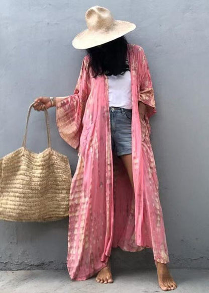 Beautiful Pink Hooded Print Cotton Loose Cardigan Summer