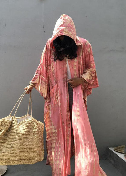 Beautiful Pink Hooded Print Cotton Loose Cardigan Summer