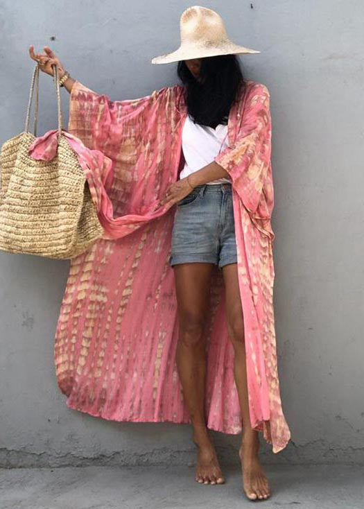 Beautiful Pink Hooded Print Cotton Loose Cardigan Summer