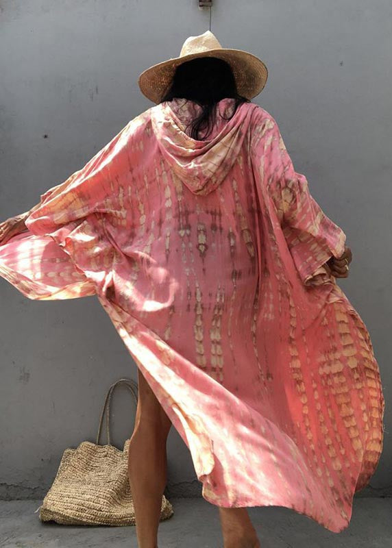 Beautiful Pink Hooded Print Cotton Loose Cardigan Summer