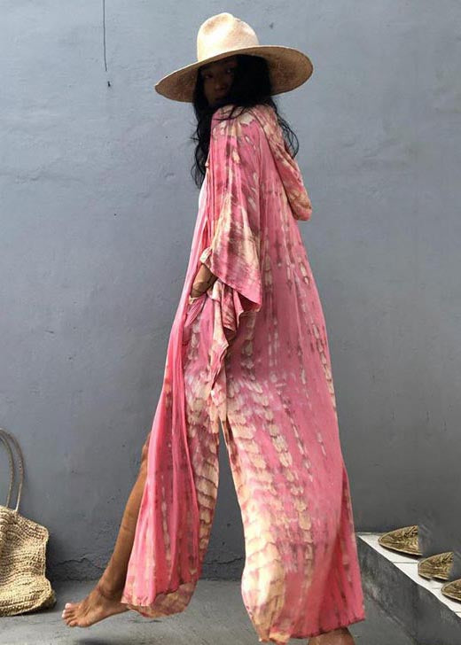 Beautiful Pink Hooded Print Cotton Loose Cardigan Summer