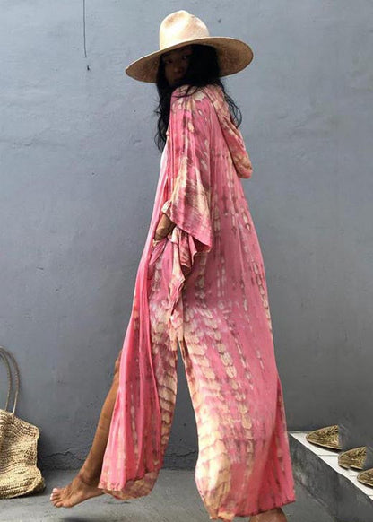 Beautiful Pink Hooded Print Cotton Loose Cardigan Summer