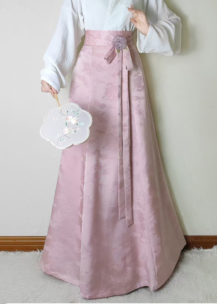 Beautiful Pink Jacquard Flower Decorated Silk Skirts Fall