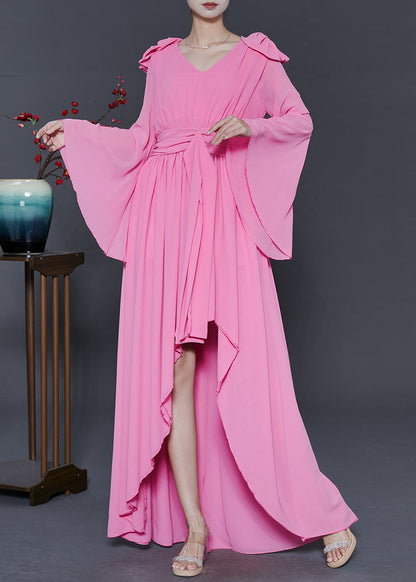 Beautiful Pink Low High Design Exra Large Hem Chiffon Vacation Dresses Fall