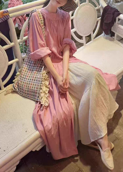 Beautiful Pink O Neck Button Wrinkled Cotton Set Fall