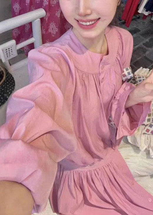 Beautiful Pink O Neck Button Wrinkled Cotton Set Fall