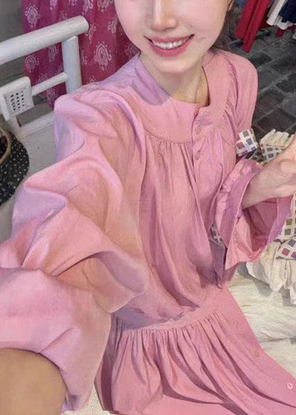 Beautiful Pink O Neck Button Wrinkled Cotton Set Fall