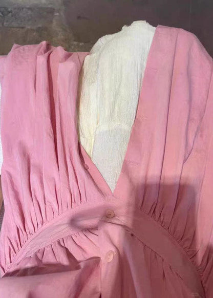Beautiful Pink O Neck Button Wrinkled Cotton Set Fall