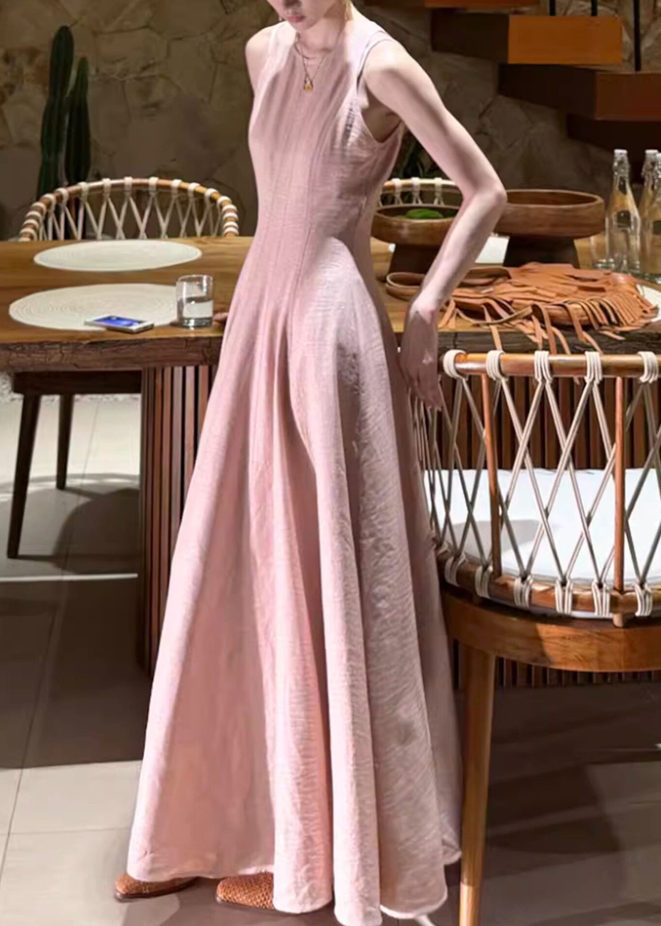 Beautiful Pink O-Neck Flattering Solid Long Dresses Summer