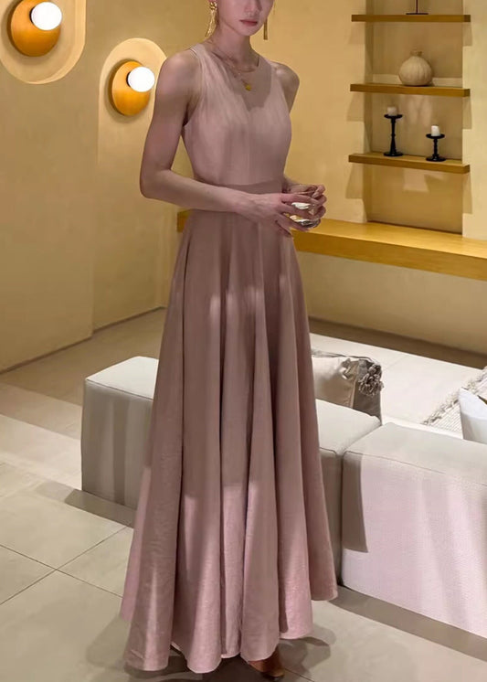 Beautiful Pink O-Neck Flattering Solid Long Dresses Summer