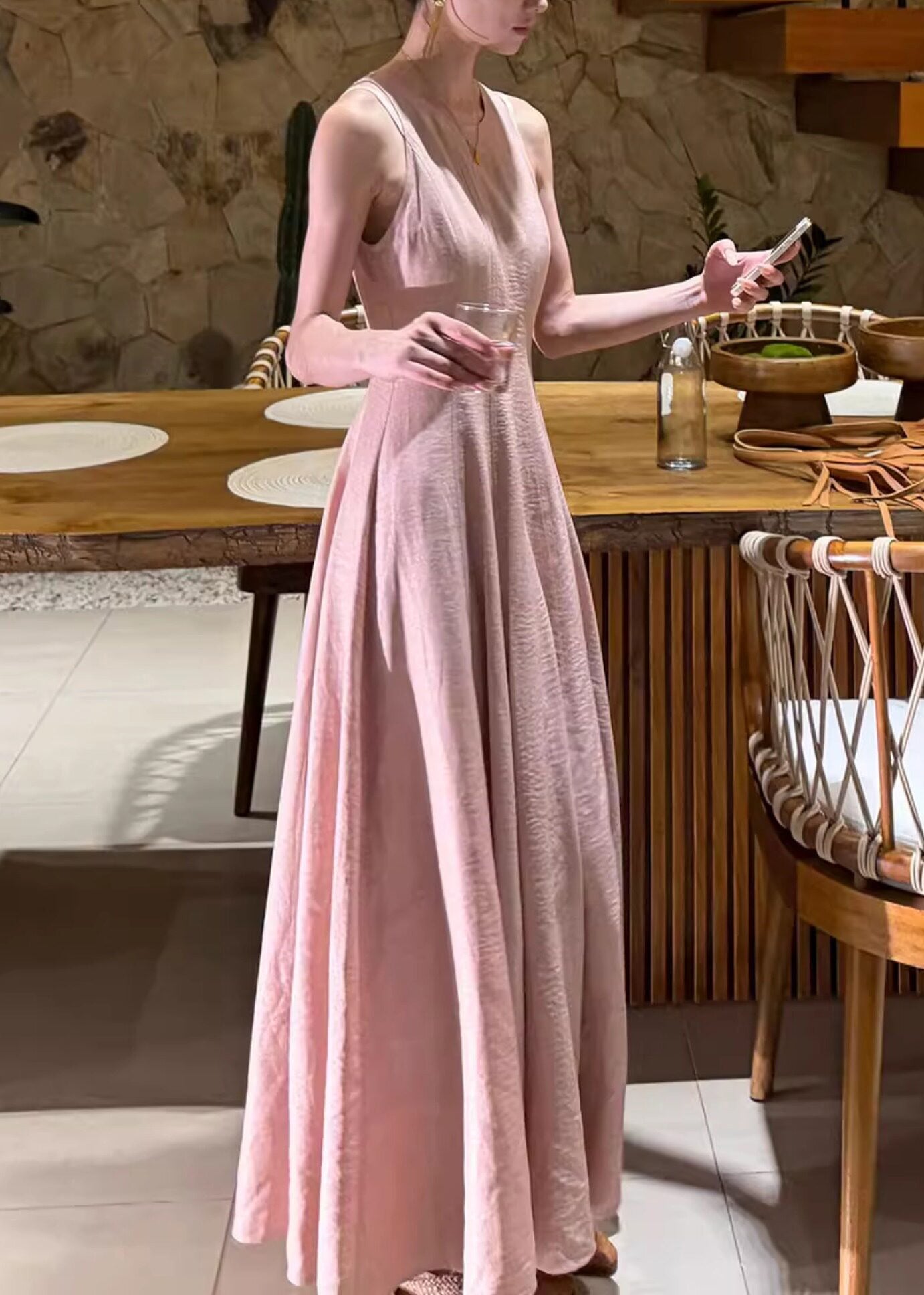 Beautiful Pink O-Neck Flattering Solid Long Dresses Summer