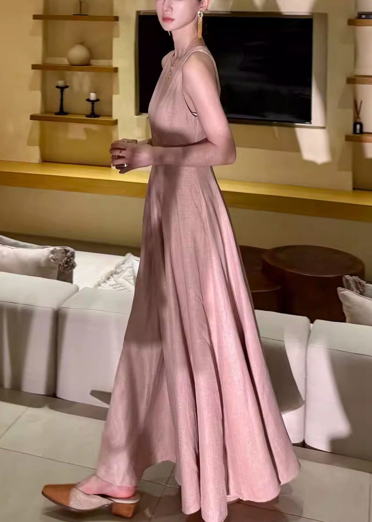 Beautiful Pink O-Neck Flattering Solid Long Dresses Summer