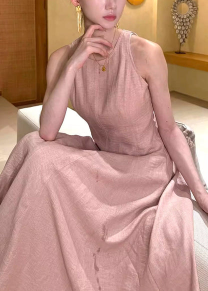 Beautiful Pink O-Neck Flattering Solid Long Dresses Summer
