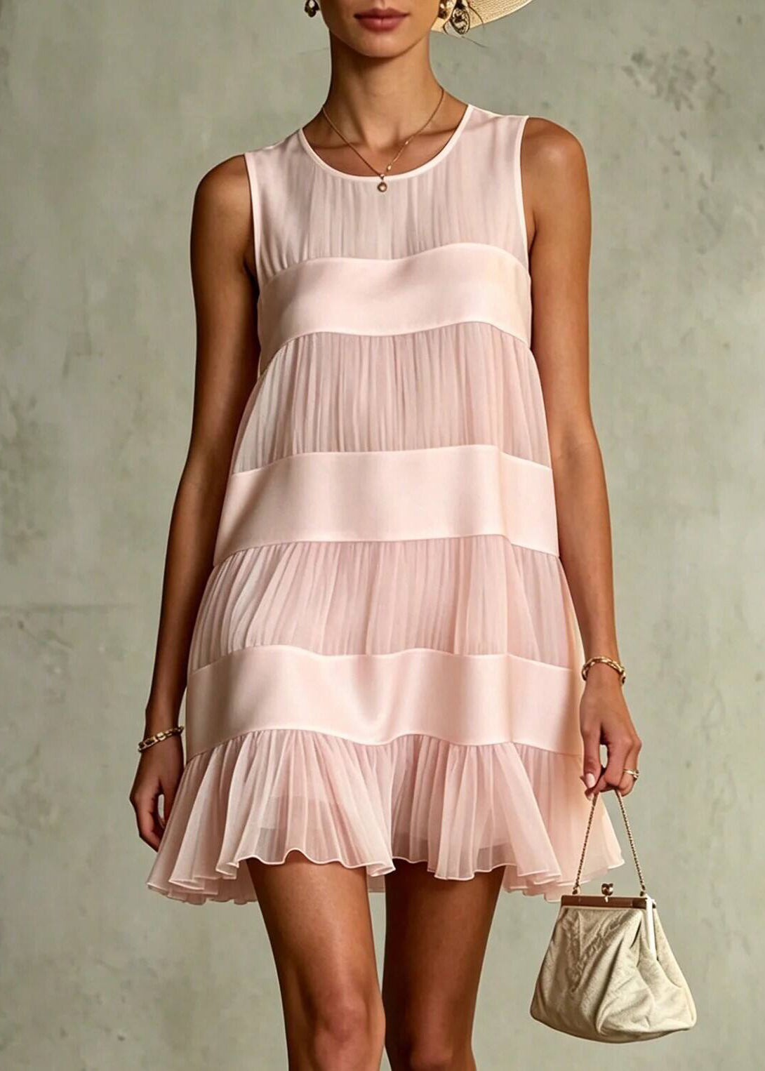 Beautiful Pink O-Neck Patchwork Chiffon Day Dress Summer