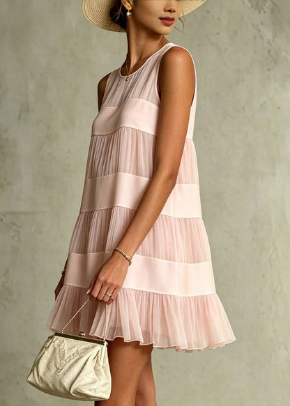Beautiful Pink O-Neck Patchwork Chiffon Day Dress Summer