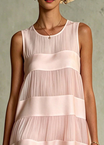 Beautiful Pink O-Neck Patchwork Chiffon Day Dress Summer