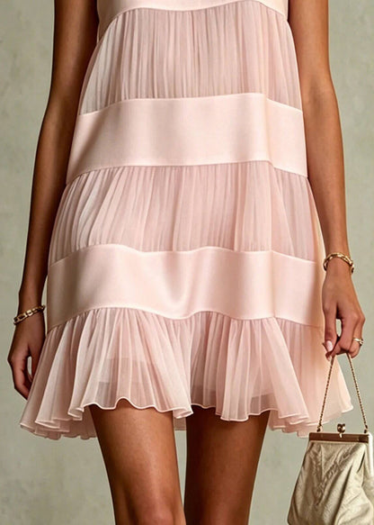 Beautiful Pink O-Neck Patchwork Chiffon Day Dress Summer