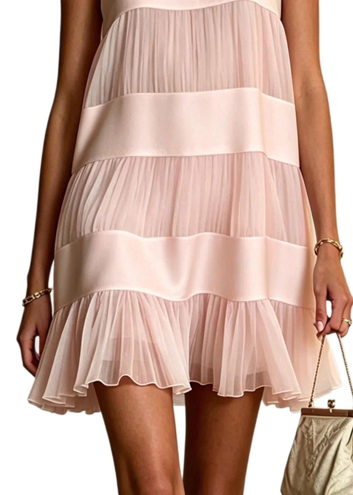 Beautiful Pink O-Neck Patchwork Chiffon Day Dress Summer
