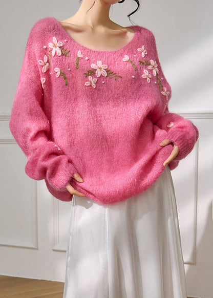Beautiful Pink O-Neck Stereoscopic Floral Oversized Knitted Cotton Thread Sweater Fall