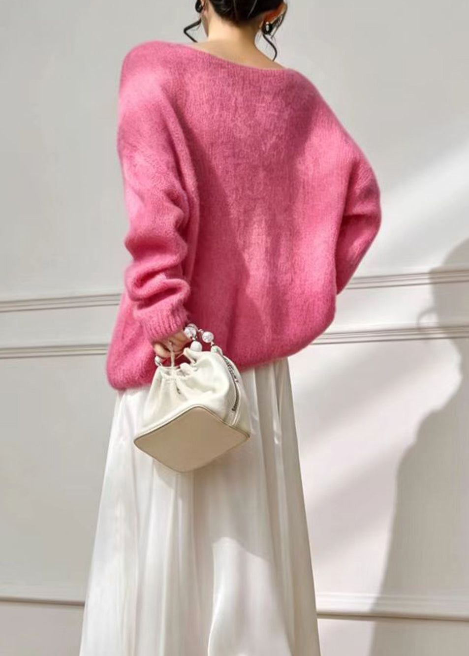 Beautiful Pink O-Neck Stereoscopic Floral Oversized Knitted Cotton Thread Sweater Fall