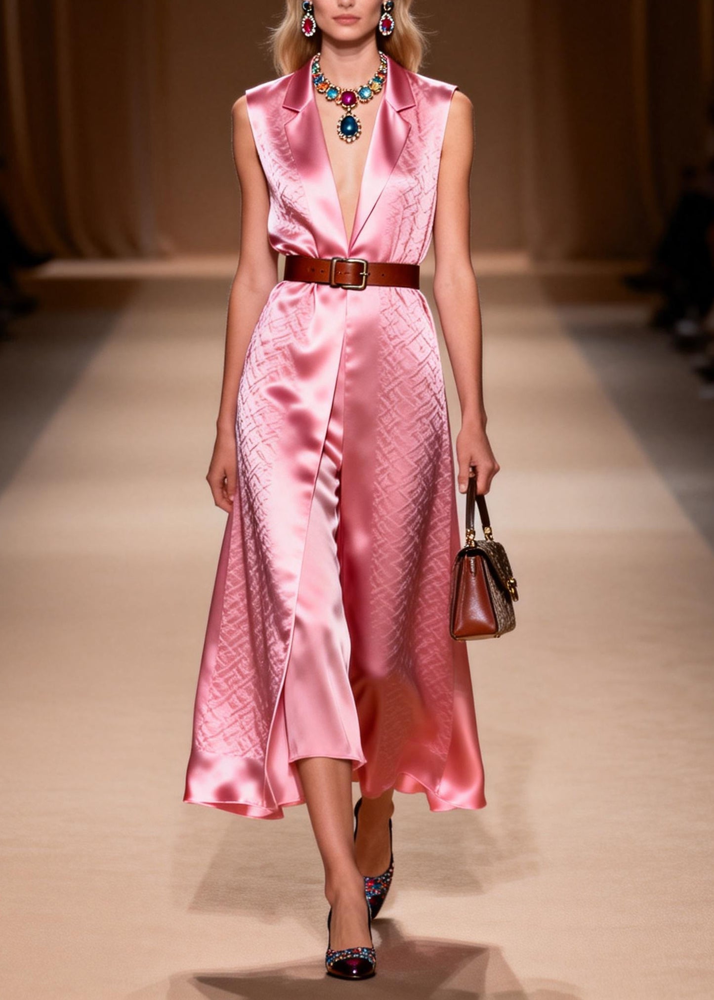 Beautiful Pink Peter Pan Collar Silk Holiday Dress Sleeveless