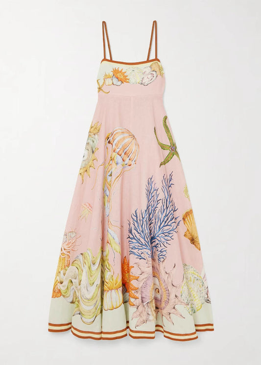 Beautiful Pink Print Maxi Spaghetti Strap Dresses Sleeveless