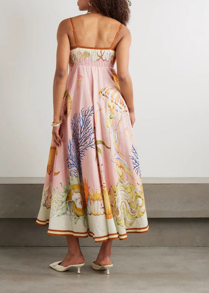 Beautiful Pink Print Maxi Spaghetti Strap Dresses Sleeveless