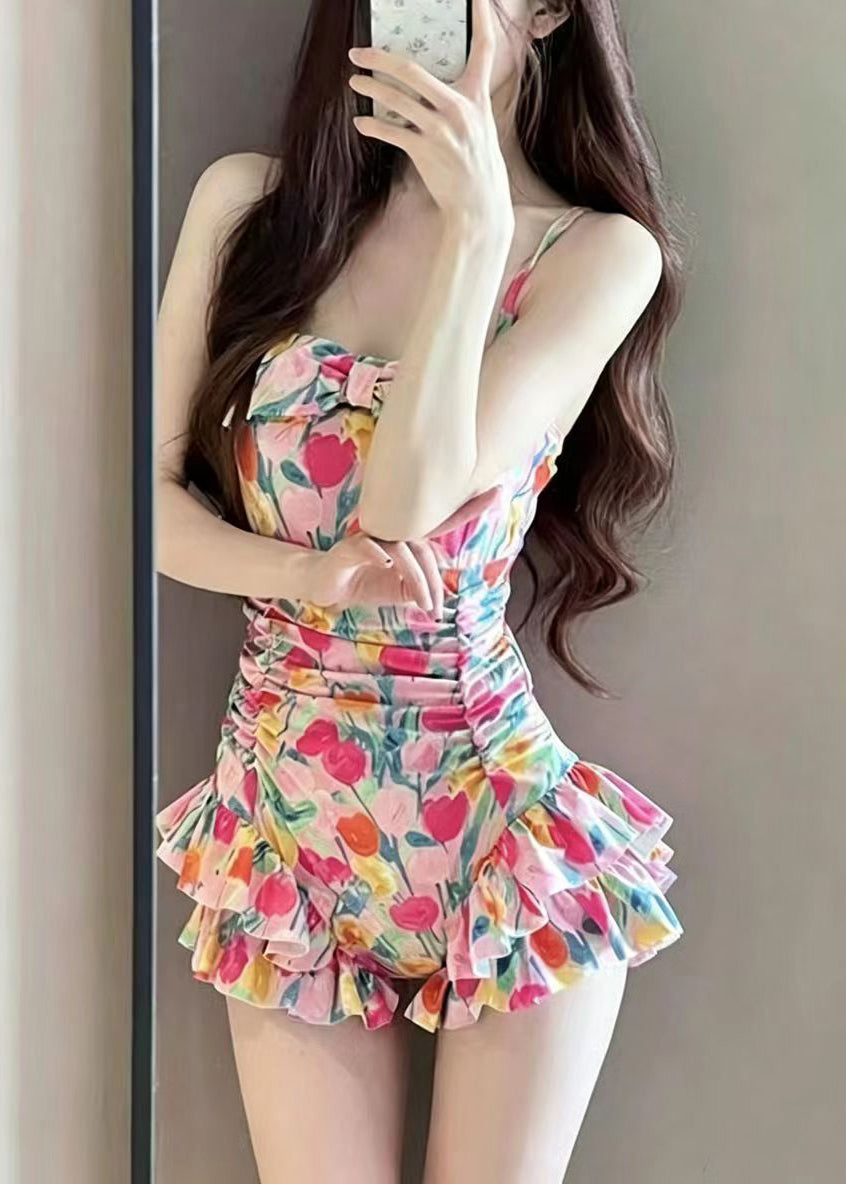 Beautiful Pink Print Ruffled Swimwear Bodysuits