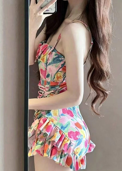 Beautiful Pink Print Ruffled Swimwear Bodysuits