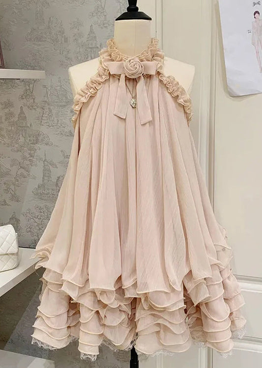 Beautiful Pink Ruffled Lace Tulle Mini Dress Sleeveless