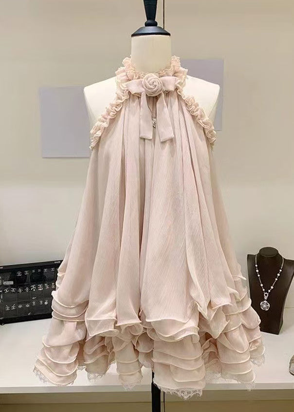 Beautiful Pink Ruffled Lace Tulle Mini Dress Sleeveless