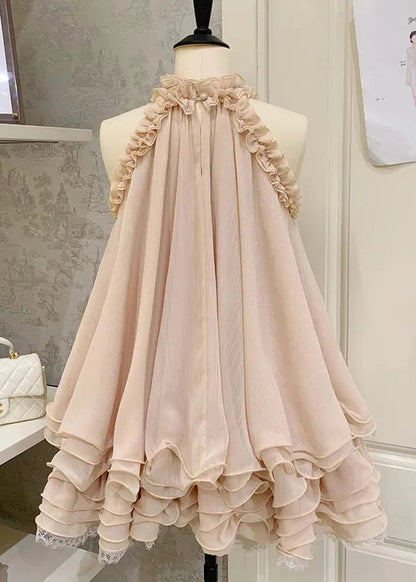 Beautiful Pink Ruffled Lace Tulle Mini Dress Sleeveless