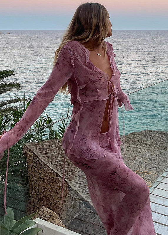Beautiful Pink Ruffled Lace Up Chiffon Two Pieces Set Flare Sleeve
