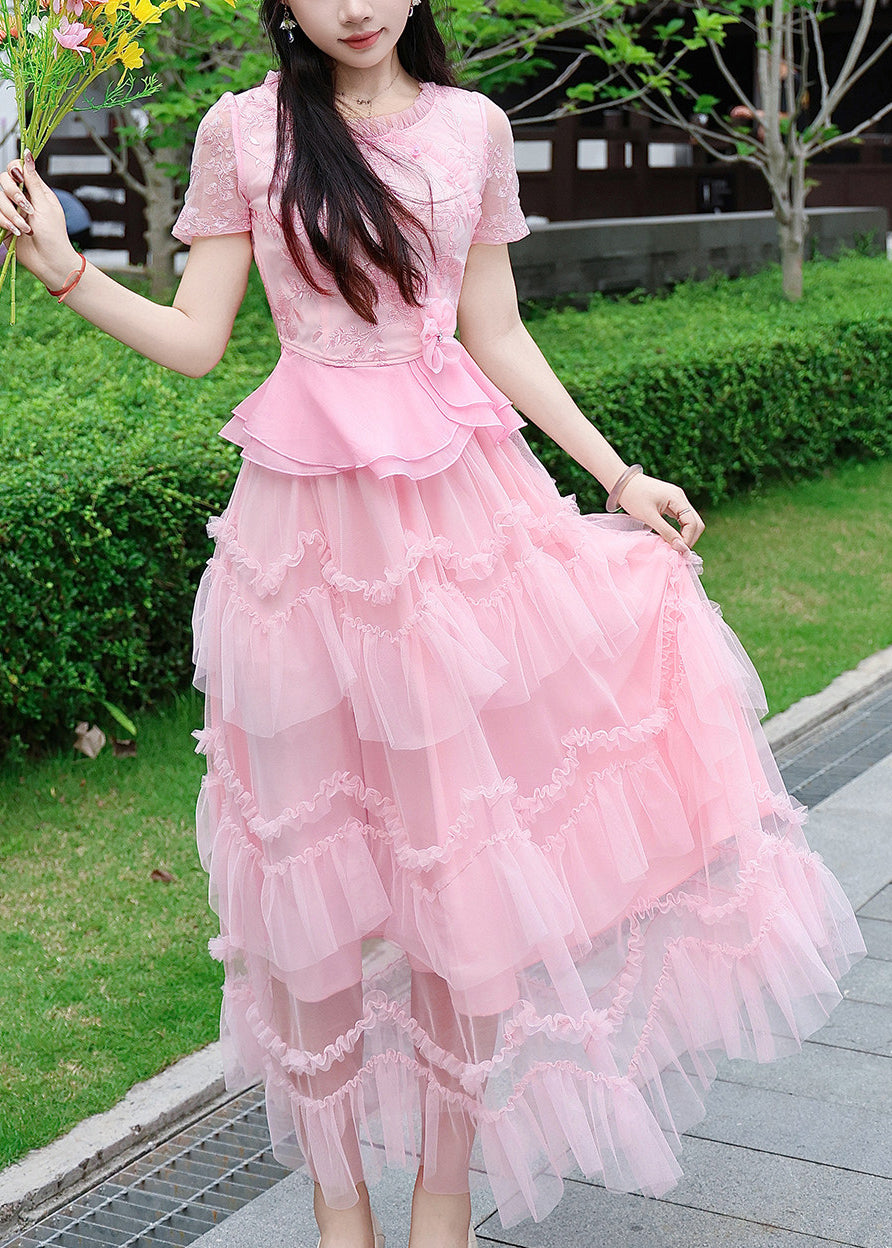 Beautiful Pink Ruffled Patchwork Lace Two Pieces Set Summer