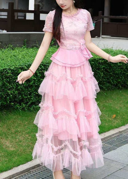 Beautiful Pink Ruffled Patchwork Lace Two Pieces Set Summer