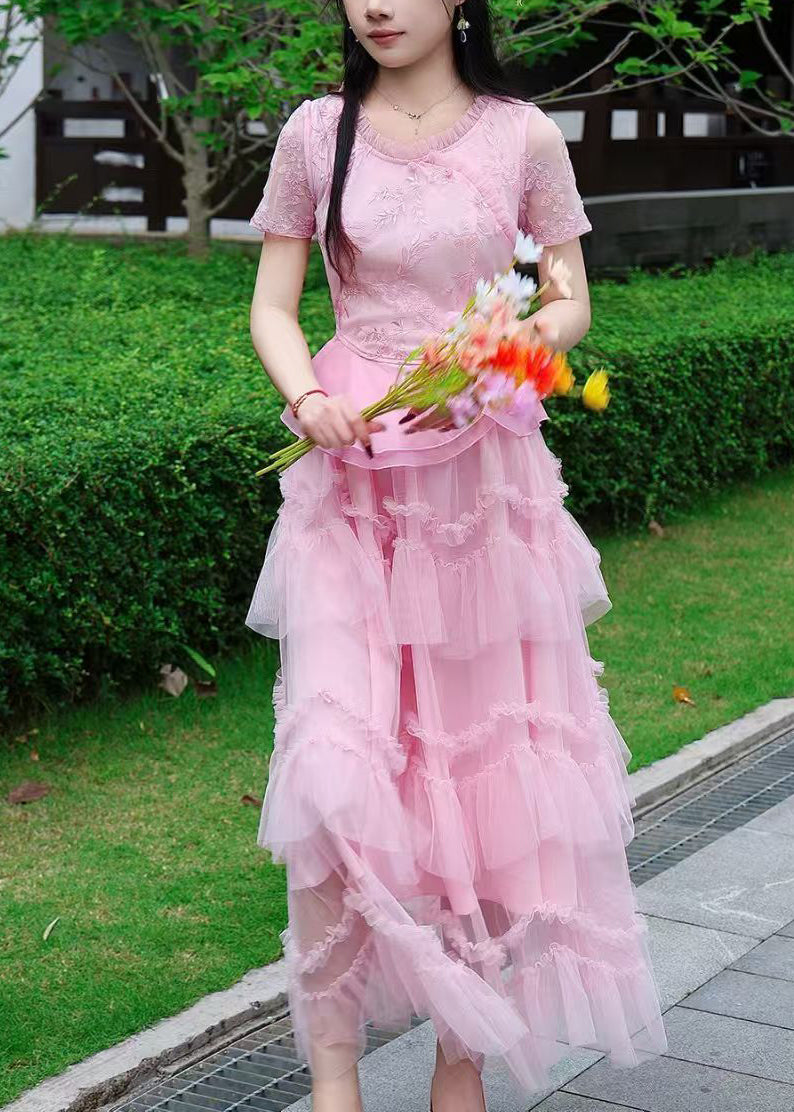 Beautiful Pink Ruffled Patchwork Lace Two Pieces Set Summer