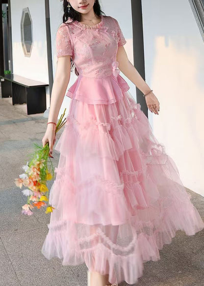 Beautiful Pink Ruffled Patchwork Lace Two Pieces Set Summer