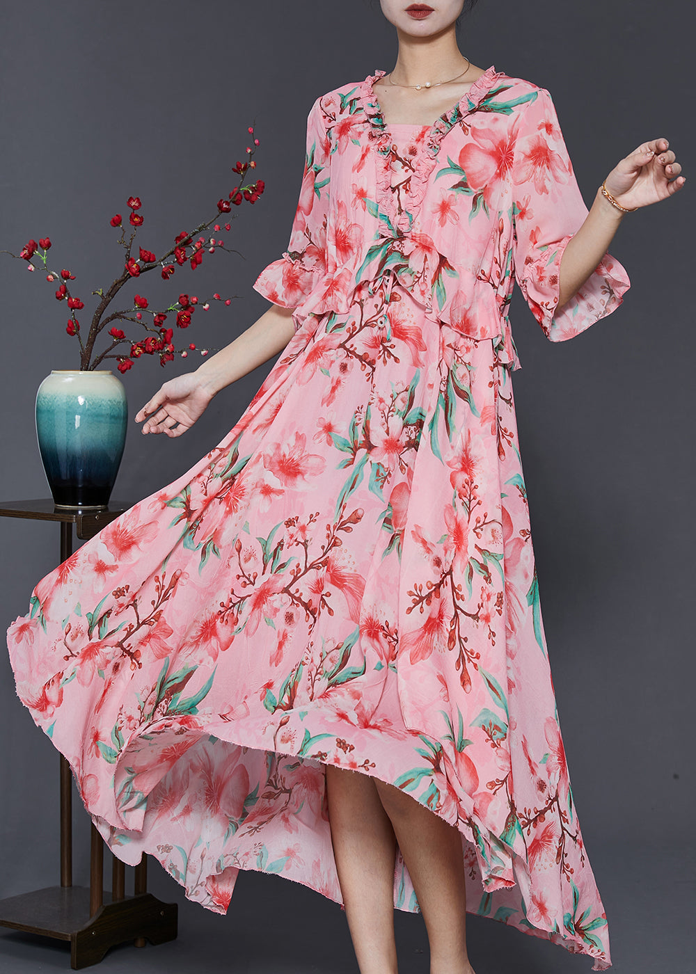 Beautiful Pink Ruffled Print Exra Large Hem Chiffon Dresses Summer
