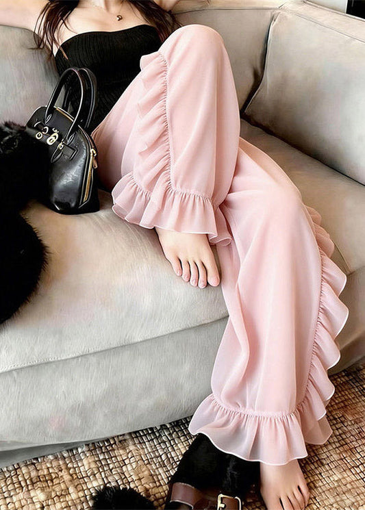 Beautiful Pink Ruffled Tulle Straight Pants Summer