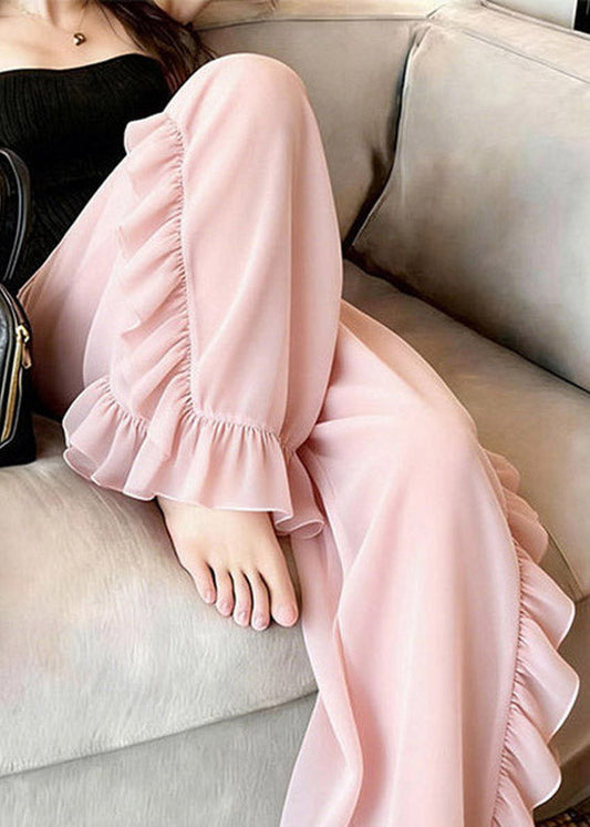Beautiful Pink Ruffled Tulle Straight Pants Summer