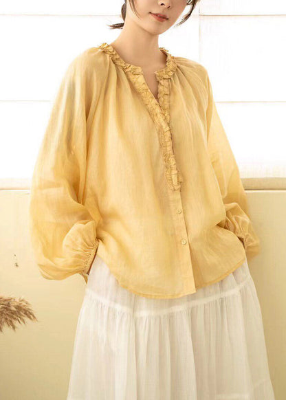 Beautiful Pink Ruffled Wrinkled Linen Shirt Lantern Sleeve