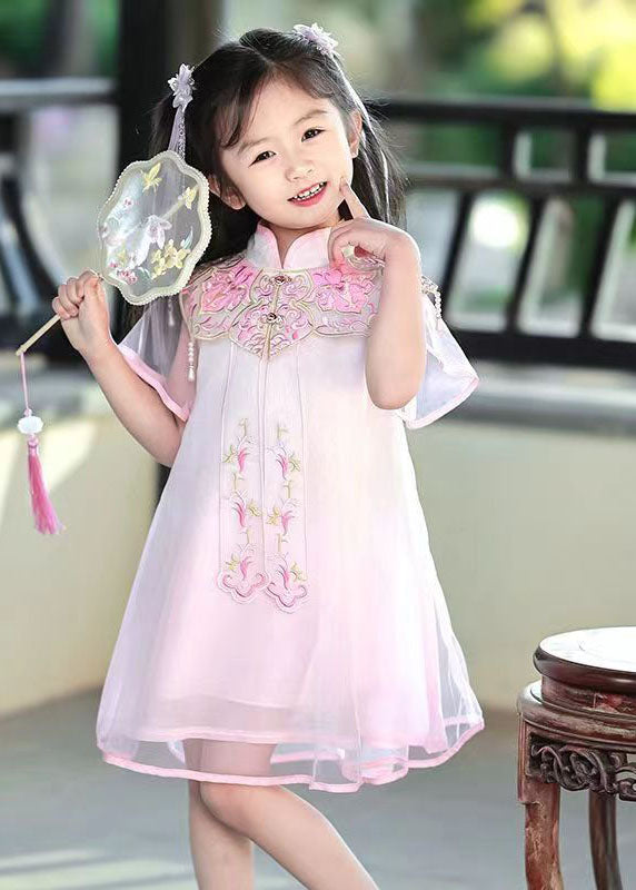 Beautiful Pink Stand Collar Embroideried Tulle Girls Holiday Tulle Maxi Dress Summer