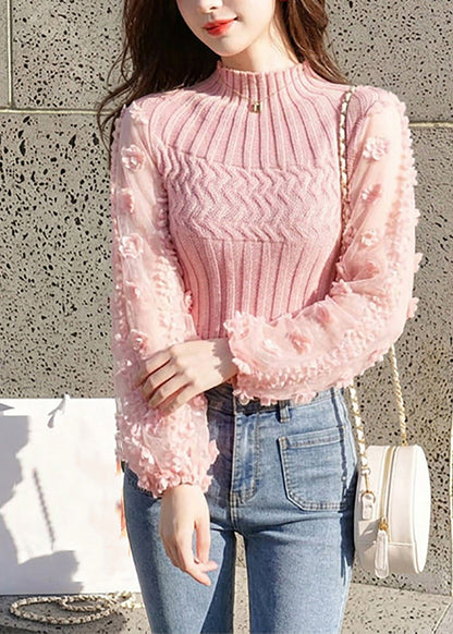 Beautiful Pink Stereoscopic Floral Mesh Patchwork Knit Sweaters Fall