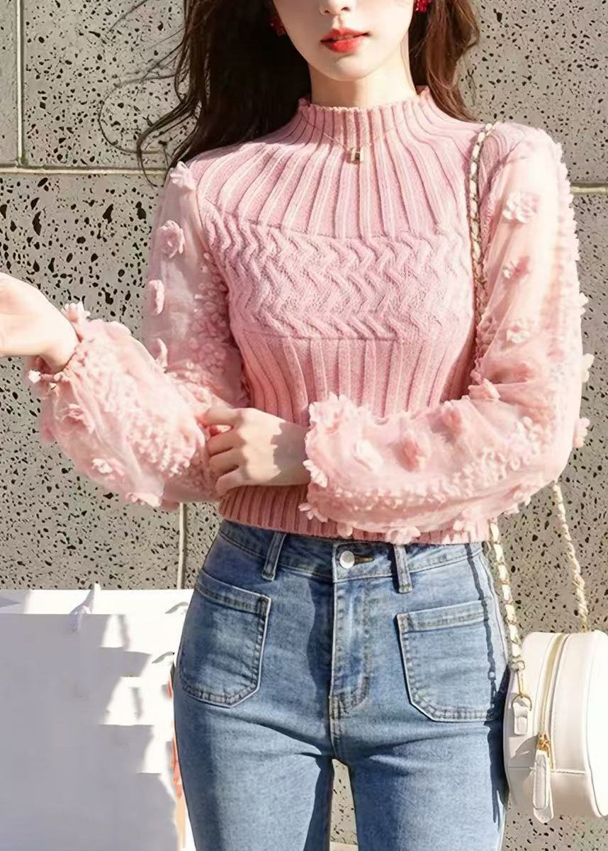 Beautiful Pink Stereoscopic Floral Mesh Patchwork Knit Sweaters Fall