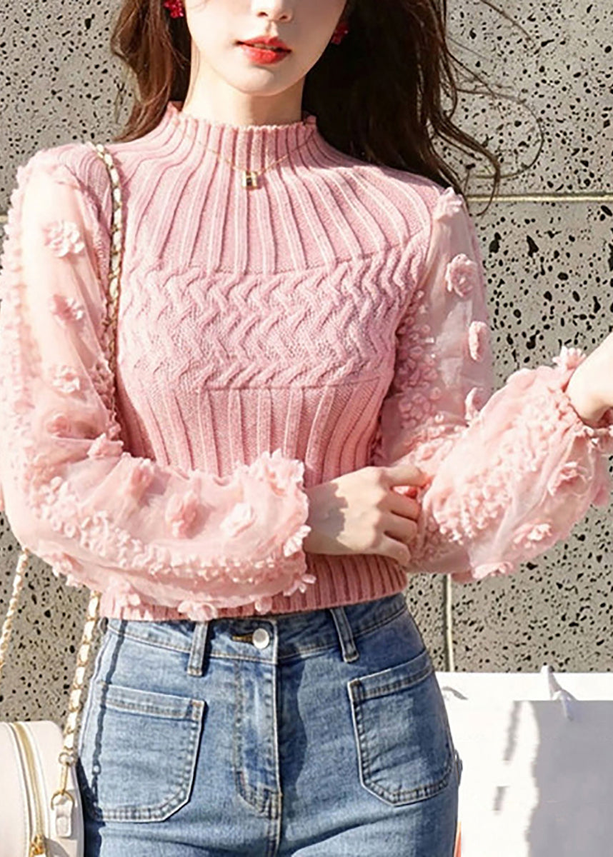 Beautiful Pink Stereoscopic Floral Mesh Patchwork Knit Sweaters Fall