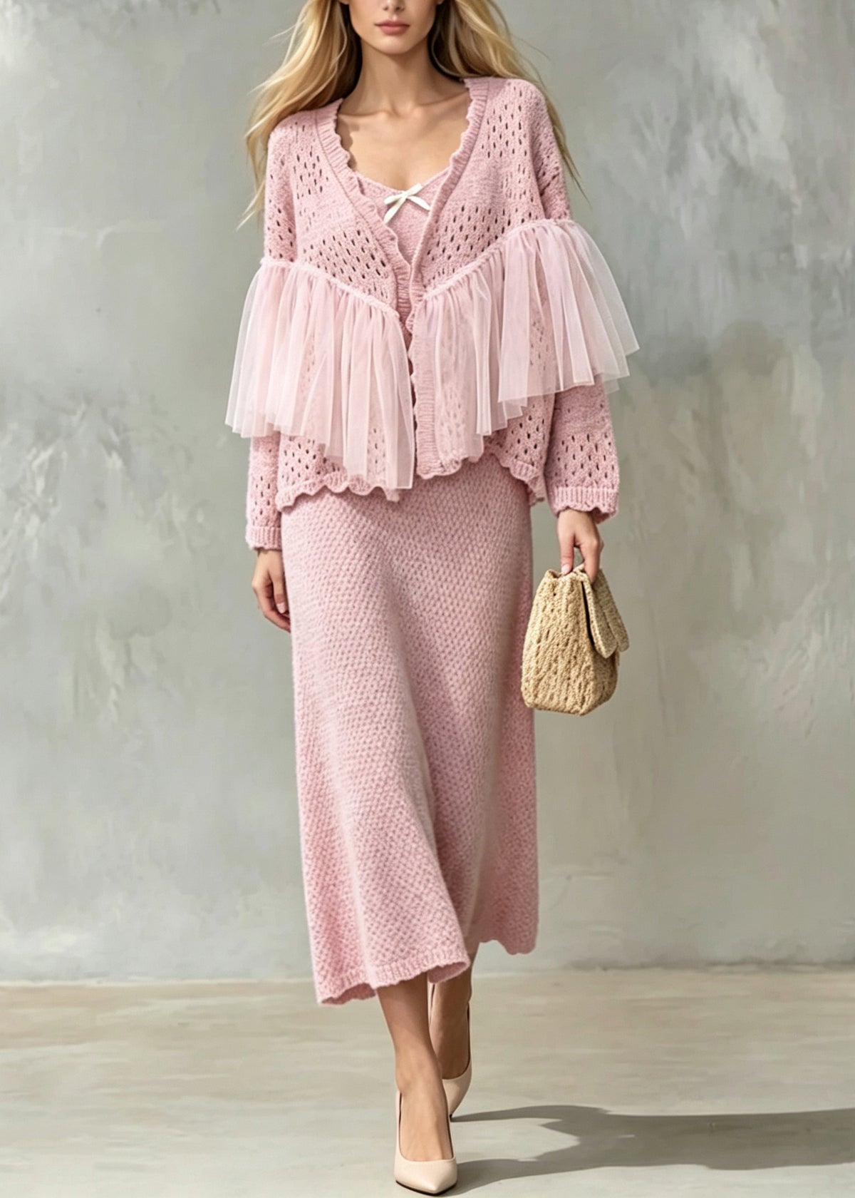Beautiful Pink Tulle Patchwork Knit Women Sets 2 Pieces Fall