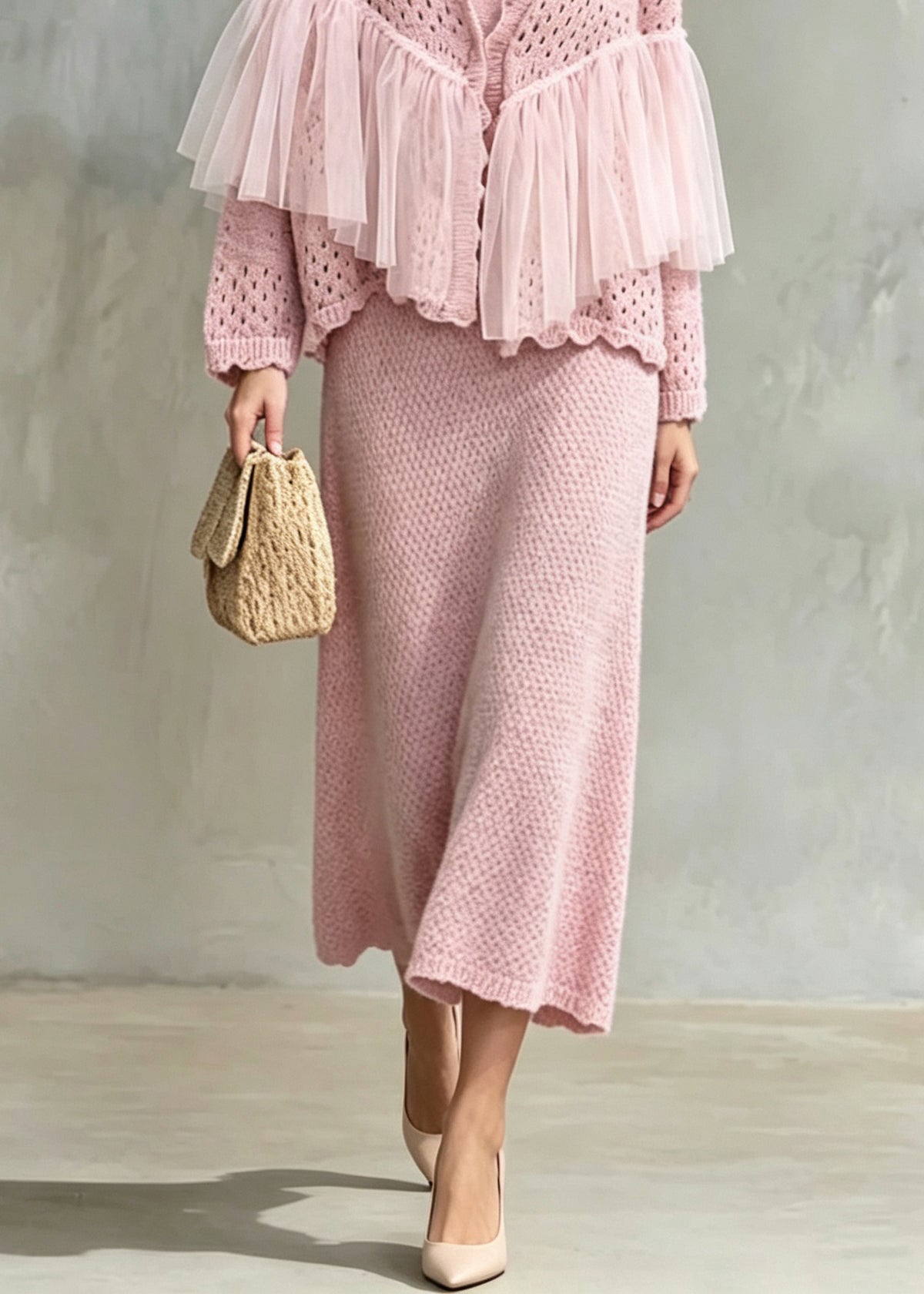 Beautiful Pink Tulle Patchwork Knit Women Sets 2 Pieces Fall