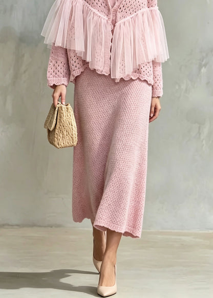 Beautiful Pink Tulle Patchwork Knit Women Sets 2 Pieces Fall