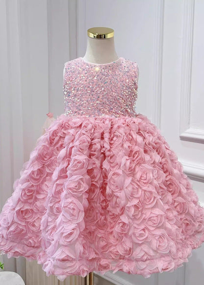 Beautiful Pink Tulle Patchwork Sequins Girls Long Dress Sleeveless